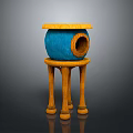 Blue Birdhouse With Circular Entrance Yellow Top On Yellow Four Legged Stand
