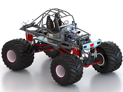 Monster Truck with Large Tires Red Suspension Open Cockpit and Reinforced Frame 3d model