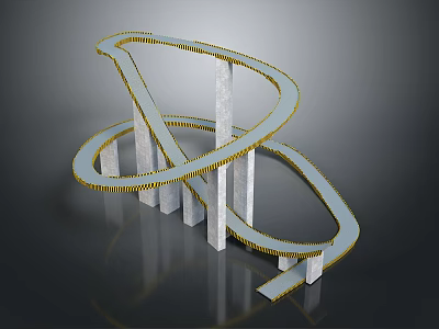 Spiral Track Structure With Yellow Edges Supported By White Pillars On Reflective Black Background 3d model