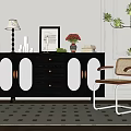 Black Sideboard With Glass Doors And Gold Handles In Elegant Interior With Decorative Items