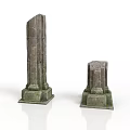 Modern Garden Setting With Two Stone Pillars Of Different Heights And Textured Bases