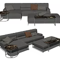 Gray Leather Sofa Ottoman Coffee Table Set With Brown Gray Cushions Marble Top Metal Frames