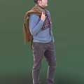 Man In Blue Sweater With Colorful Patterned Scarf Holding Coconut And Backpack Outdoor