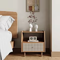 Wooden Bedroom Bedside Table With Woven Drawer White Vases And Decorative Painting