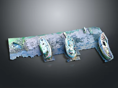 Three Worn Out Boats Resting On Sandy Mudflat Near Water Edge 3d model