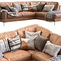 Brown Leather Sectional Sofa With Various Patterned Pillows And Cozy Blankets 3d model
