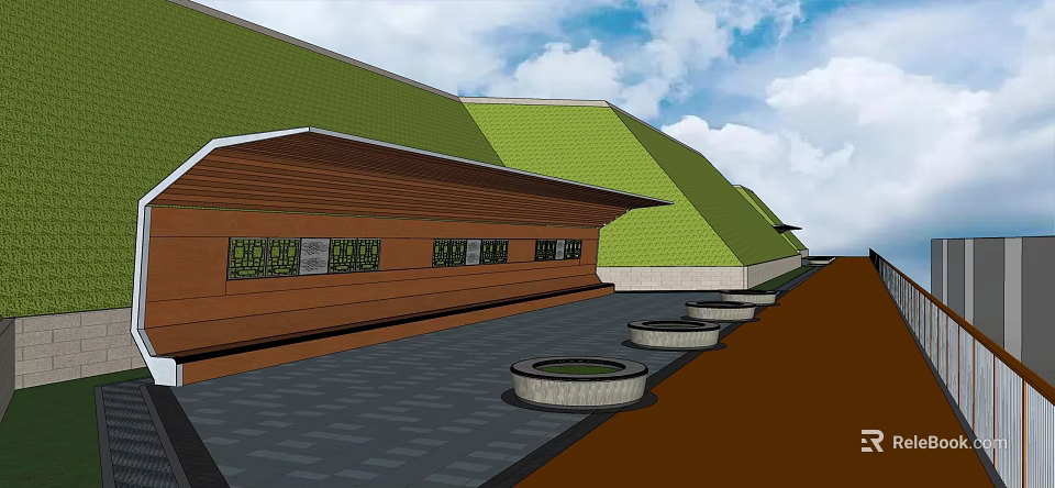 Modern Pergola with Green Roof Wooden Structure Windows and Circular Stone Flower Beds 3d model 