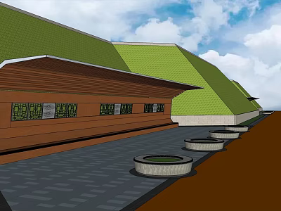 Modern Pergola with Green Roof Wooden Structure Windows and Circular Stone Flower Beds 3d model