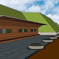 Modern Pergola with Green Roof Wooden Structure Windows and Circular Stone Flower Beds