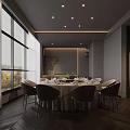 Modern Private Dining Room With Round Table And City View 3d model