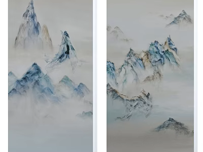 Traditional Chinese Ink Wash Landscape Painting With Misty Layered Blue Mountains 3d model