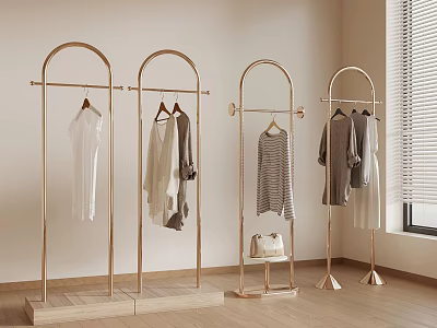 Golden Clothing Racks With Hanging Clothes And White Bag In Modern Interior 3d model