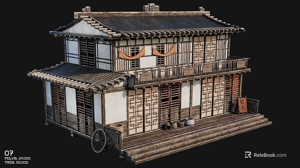 Traditional Ancient Chinese Building Two Story Tiled Roof Wooden Veranda Steps And Cart Wheel 3d model 