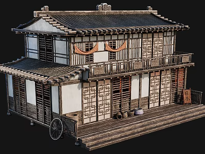 Traditional Ancient Chinese Building Two Story Tiled Roof Wooden Veranda Steps And Cart Wheel 3d model