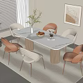 Modern Dining Table Set With Marble Top Wooden Legs And Beige Brown Upholstered Chairs