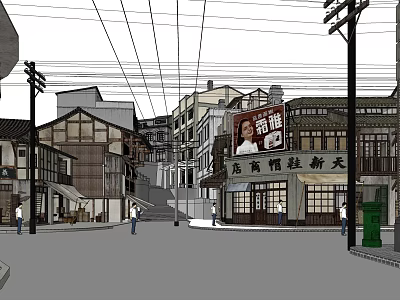 Scenic Traditional Commercial Street With Historic Buildings Storefronts And Pedestrians 3d model