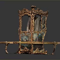 Traditional Ornate Sedan Chair With Golden Frame Painted Panels And Carrying Poles