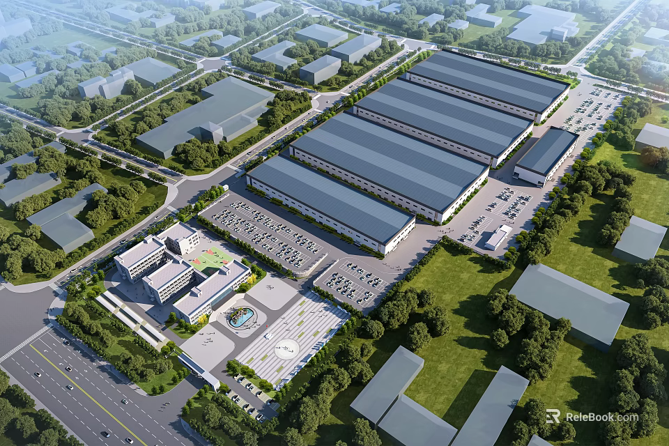 Industrial Factory Complex Aerial View With Surrounding Greenery And Parking Area 3d model 