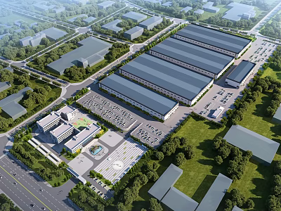 Industrial Factory Complex Aerial View With Surrounding Greenery And Parking Area 3d model