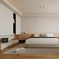 Modern Minimalist Bedroom Interior Design With White Cabinets Wooden Floor And Bedside Table