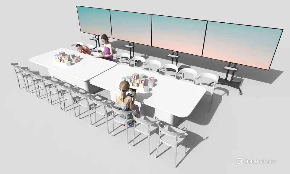 White Rectangular Tables With Matching Chairs In Study Space With Large Screens And Colorful Items 3d model 