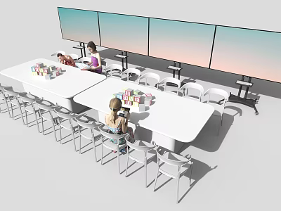 White Rectangular Tables With Matching Chairs In Study Space With Large Screens And Colorful Items 3d model