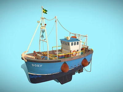 DORY Fishing Boat with blue and brown hull mast flag and orange buoys 3d model