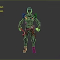 Futuristic Character With Red Helmet And Black Red Mechanical Armor Holding Weapons