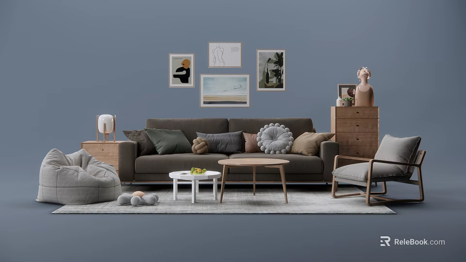 Cozy Green Brown Sofa and Coffee Table Set with Decorative Paintings Side Chair and Gray Wall 3d model 