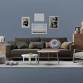Cozy Green Brown Sofa and Coffee Table Set with Decorative Paintings Side Chair and Gray Wall