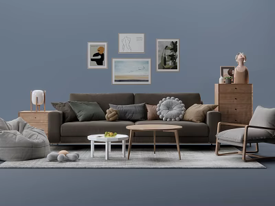 Cozy Green Brown Sofa and Coffee Table Set with Decorative Paintings Side Chair and Gray Wall 3d model