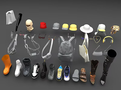 Various Shoes Collection Featuring Sneakers Boots Heels Sandals With Hats Bags And Accessories 3d model