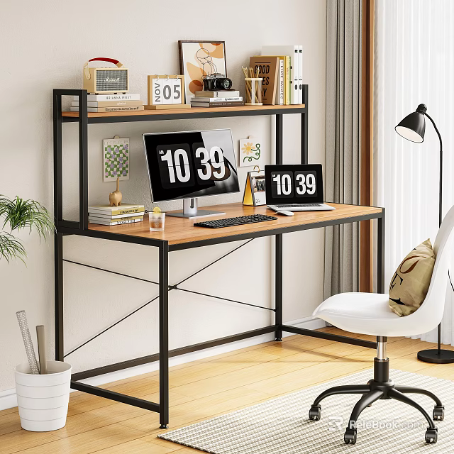 Modern Industrial Desk with Monitor Bookshelf Books Decorations White Office Chair Floor Lamp and Plant 3d model 