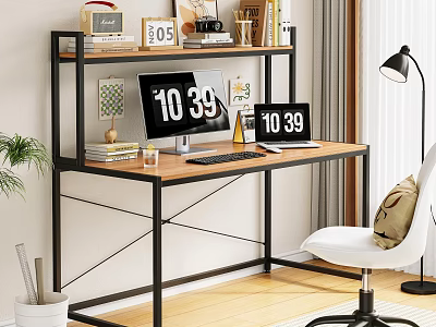 Modern Industrial Desk with Monitor Bookshelf Books Decorations White Office Chair Floor Lamp and Plant 3d model