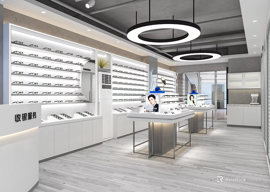 Modern Eyewear Store Interior Design With Display Shelves Counters And Hanging Lights 3d model