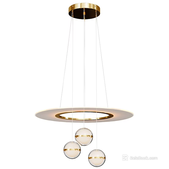 Modern Circular Pendant Light with Golden Inner Ring and Hanging Glass Balls 3d model 