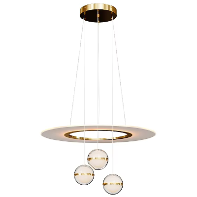 Modern Circular Pendant Light with Golden Inner Ring and Hanging Glass Balls 3d model