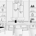 Traditional Tea Table And Chairs With Marble Top Hanging Lamps And Decorative Shelves
