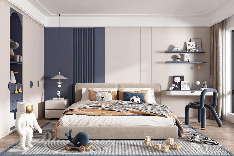 Cozy Kids Room Interior With Navy Blue Wall Bed Pillows And Playful Toys 3d model 