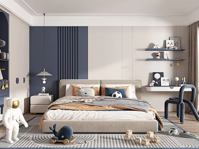 Cozy Kids Room Interior With Navy Blue Wall Bed Pillows And Playful Toys 3d model