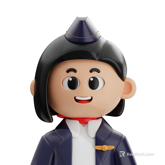 Cartoon Woman With Black Short Hair Dark Blue Hat Gold Trim Coat And Red Scarf 3d model 