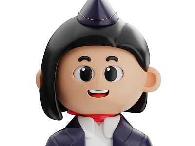 Cartoon Woman With Black Short Hair Dark Blue Hat Gold Trim Coat And Red Scarf 3d model