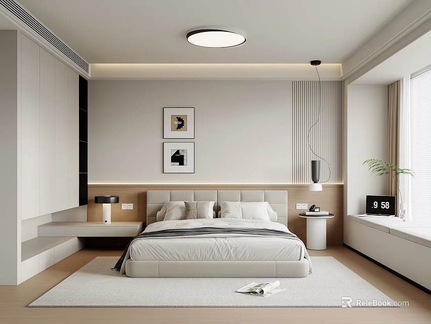 Modern Bedroom Interior Design With Bed Nightstands Wardrobe And Decorative Paintings 3d model 