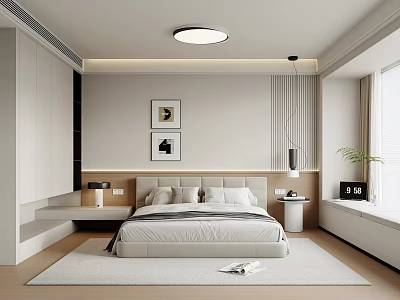 Modern Bedroom Interior Design With Bed Nightstands Wardrobe And Decorative Paintings 3d model