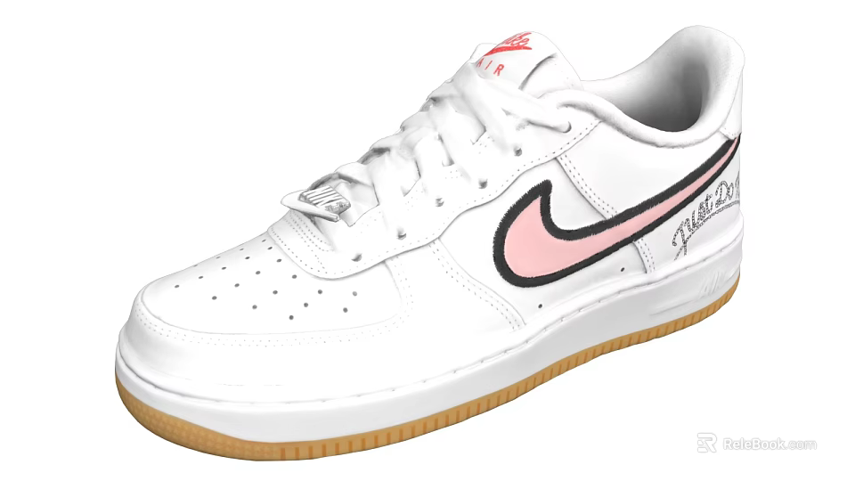 White Athletic Sneakers Featuring Pink Swoosh Brown Gum Sole And Red Tongue Logo 3d model 