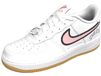 White Athletic Sneakers Featuring Pink Swoosh Brown Gum Sole And Red Tongue Logo 3d model