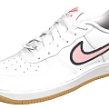 White Athletic Sneakers Featuring Pink Swoosh Brown Gum Sole And Red Tongue Logo