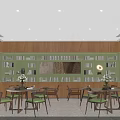 School Library Reading Area With Wooden Ceiling Green Walls Engraved Wooden Wall Bookshelves And Tables