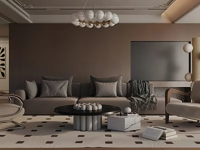 Neutral Tones Living Room Interior With Sofa Pillows Coffee Table Rug TV And Chandelier 3d model