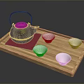 Black Cast Iron Teapot with Red Mat on Wooden Tray and Four White Small Bowls